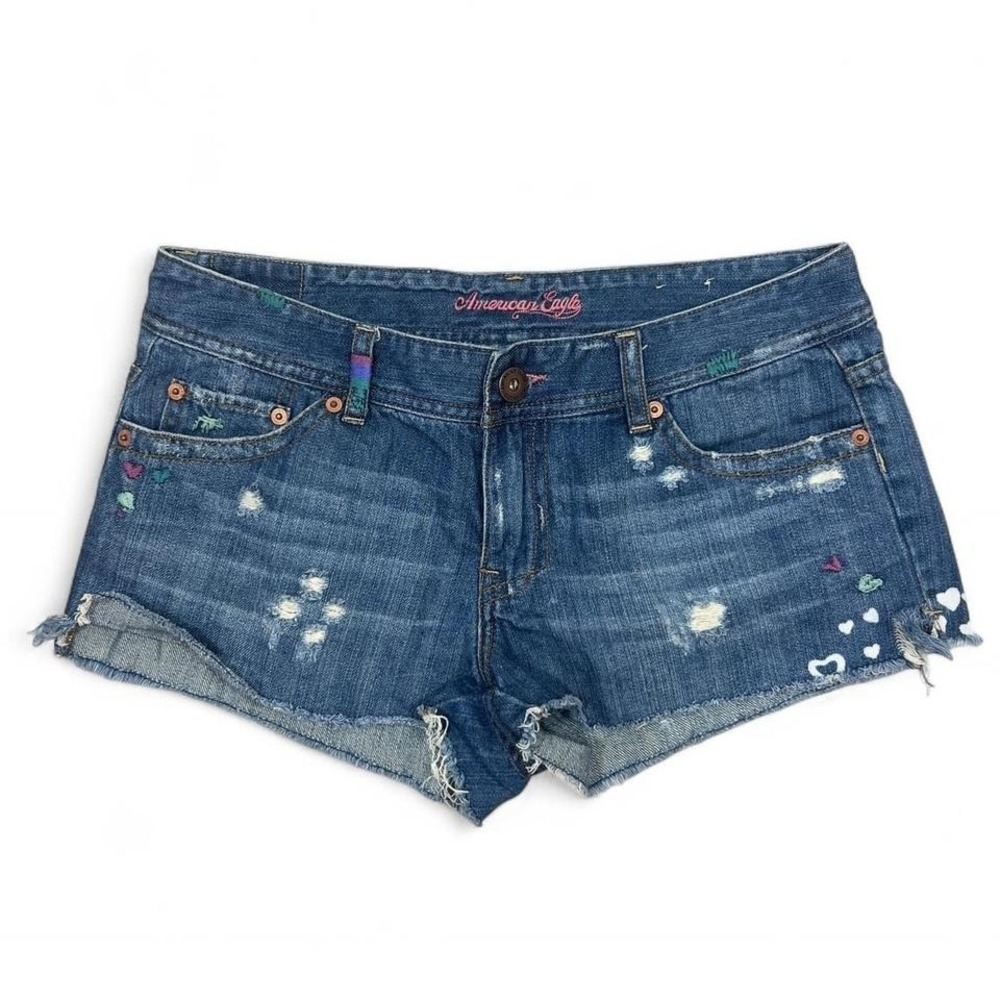 Y2K‎ American Eagle Denim Micro Mini Shorts Low Rise Women's 8 Embroidery Hearts